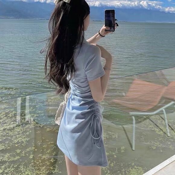 Đầm midi SUXI tay ngắn màu sắc đơn giản thanh lịch