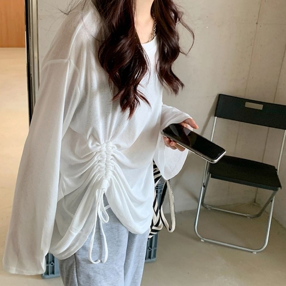 Áo dệt kim dài tay thiết kế dáng rộng phối dây rút thời trang mùa hè cho nữ