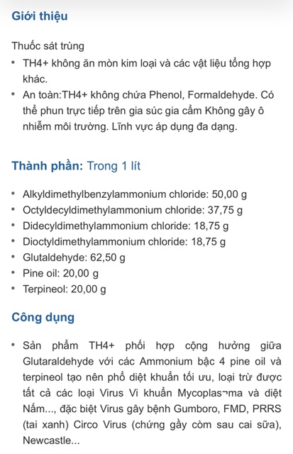 THUỐC SÁT TRÙNG TH4 diệt khuẩn, diệt nấm, diệt virus chai 1 lít.