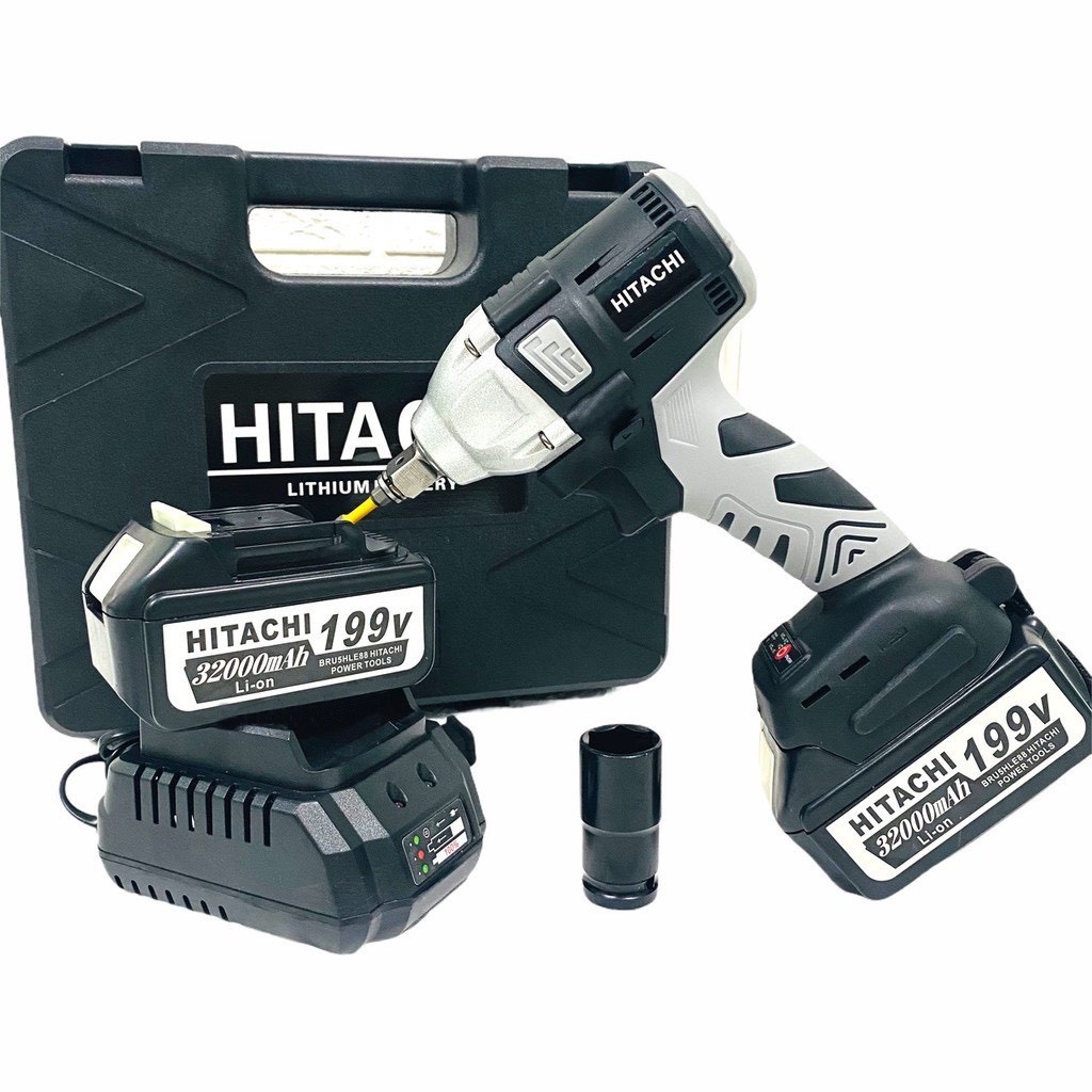 Máy Siết Bulong Hitachi 199VF 2 PIN Đầu 2 Trong 1, Máy Bắn Bulong Không Chổi Than - Tặng Kèm Bộ Phụ kiện 22 chi tiết