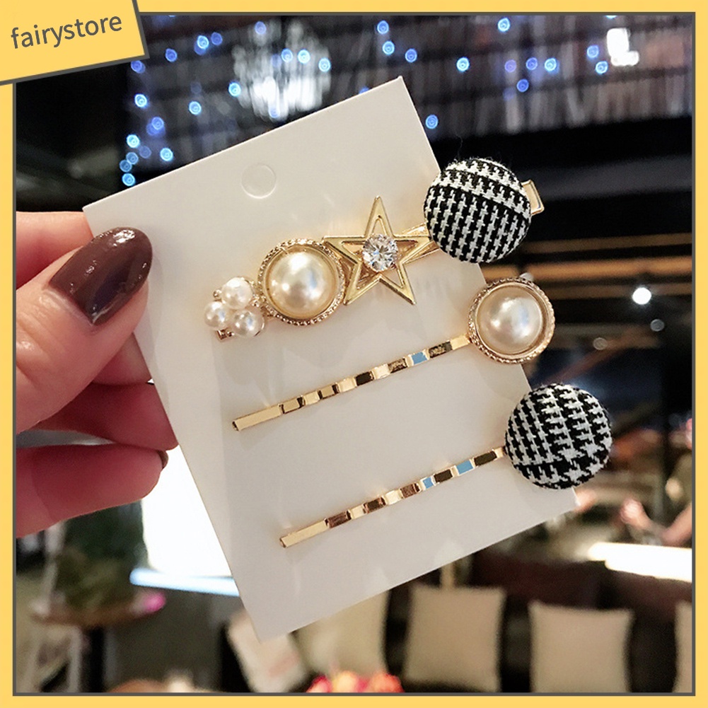 Set 3 kẹp tóc hình vương miện / ngọc trai giả thời trang