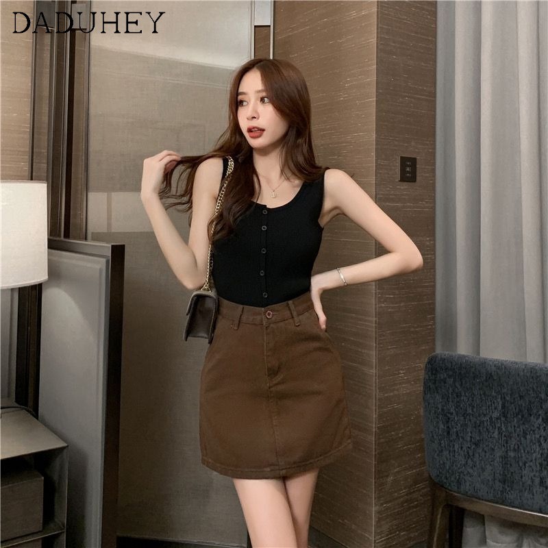 DaDuHey💕 Korean Style High Waist Slim Coffee Color Skirt A Line Skirt Denim Hip Skirt Short Skirt