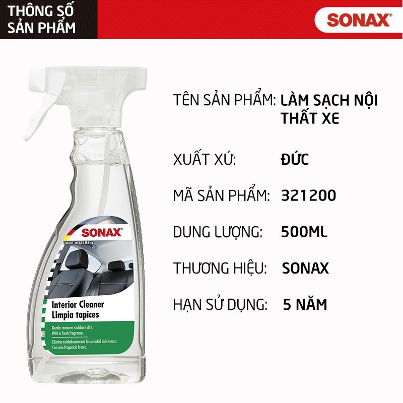 Sonax CarInterior Cleaner giặt sạch da ghế Dung dịch làm sạch nội thất ô tôi, trần xe, tay nắm xe đệm sofa_SN-321200