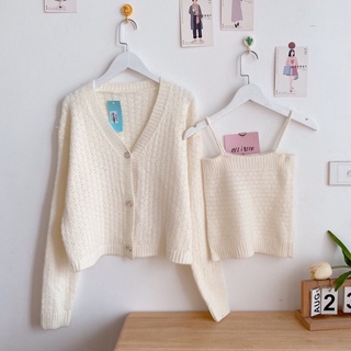 Set áo cardigan 3 khuy ngọc áo 2 dây