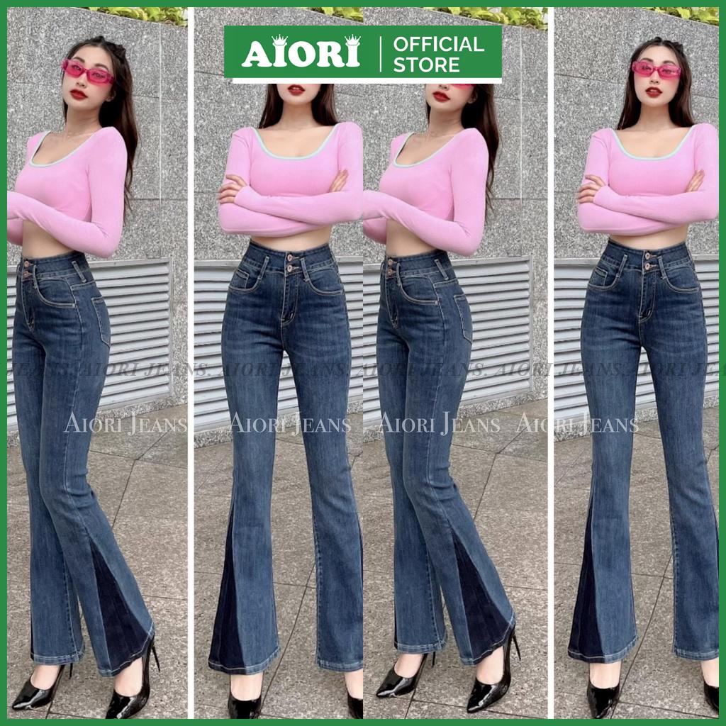 Quần Jean Ống Loe AIORI Lưng Cao 2 Nút Lai Màu Kiểu Vải Co Giãn Tốt_Mã_L008