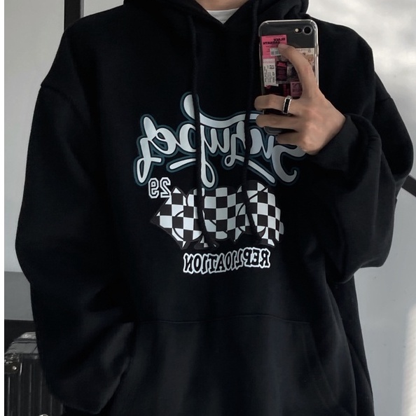 ZHELIHANGFEI Áo Hoodie Dáng Rộng In Chữ Phong Cách Retro Mỹ Cá Tính