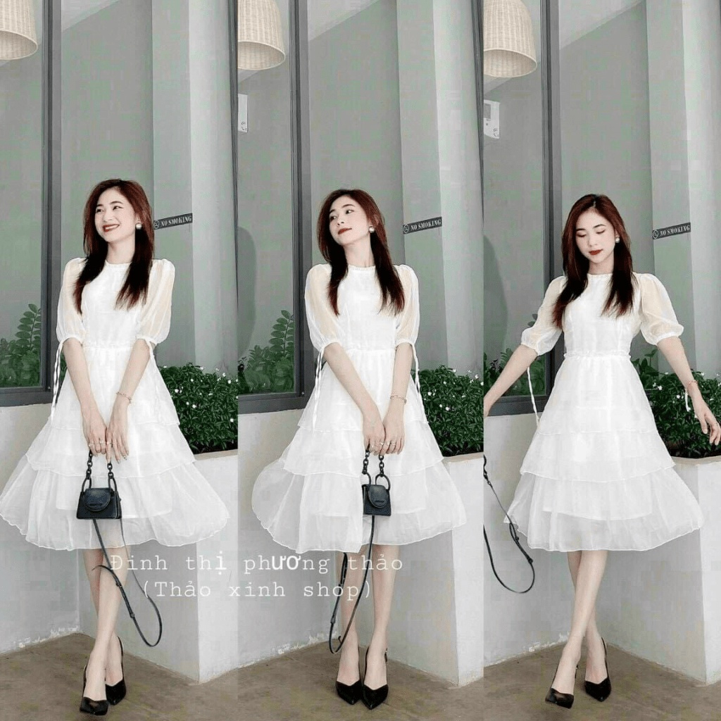 đầm xếp ly cổ 3 tầng xinh lunh linh đủ màu như hình qc ( Shop Nâu Fashion)