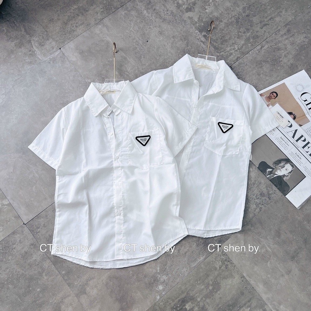 Áo sơ mi nữ trắng cộc tay in túi PRA