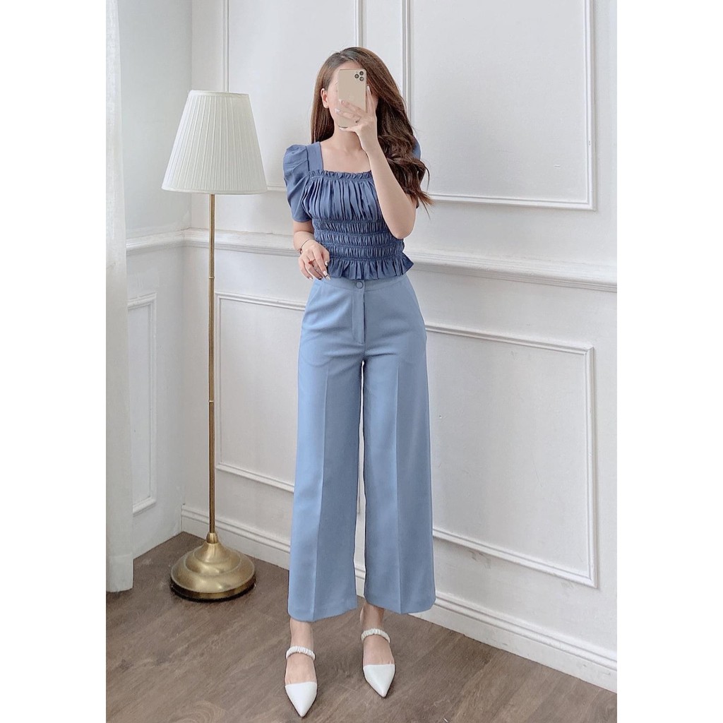 Set bộ quần sớ ống suông cúc bọc mix áo nhún cực đẹp | BigBuy360 - bigbuy360.vn