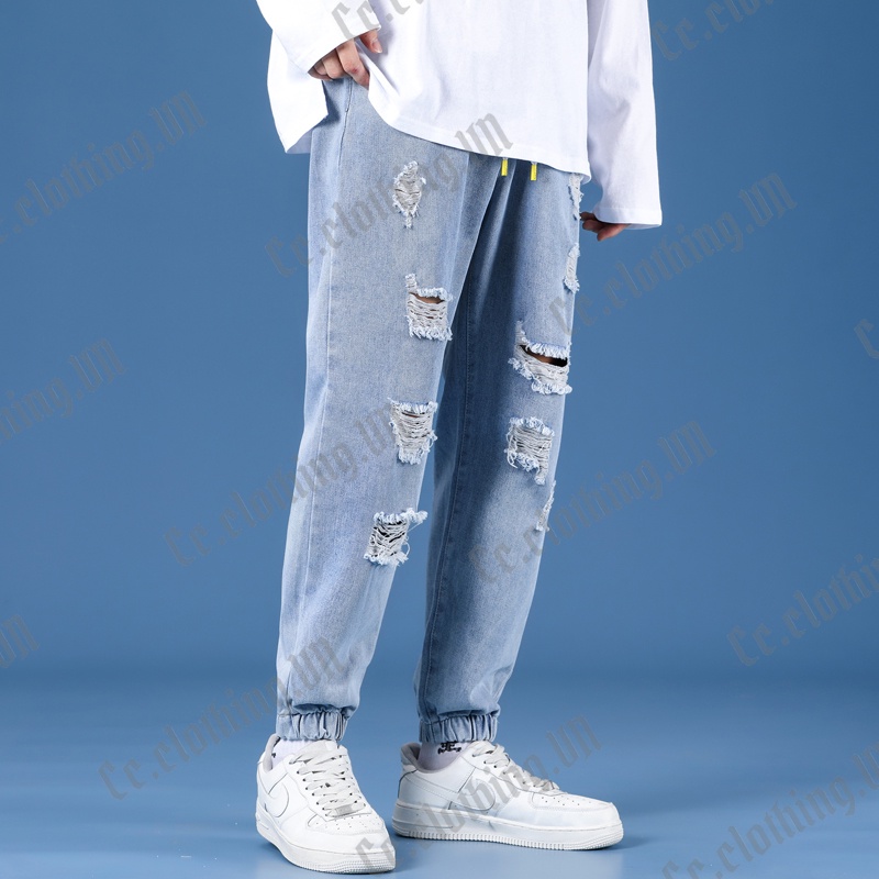 Quần Jeans Nam Jeans Unisex Rách Gối Chất Jean Cotton Co Giãn Dáng Ôm Thời Trang | BigBuy360 - bigbuy360.vn