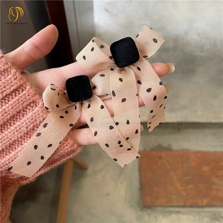 Bông Tai Dáng Dài Thắt Nơ Ruy Băng Phối Ren Họa Tiết Chấm Bi Thời Trang Hàn Quốc Cổ Điển