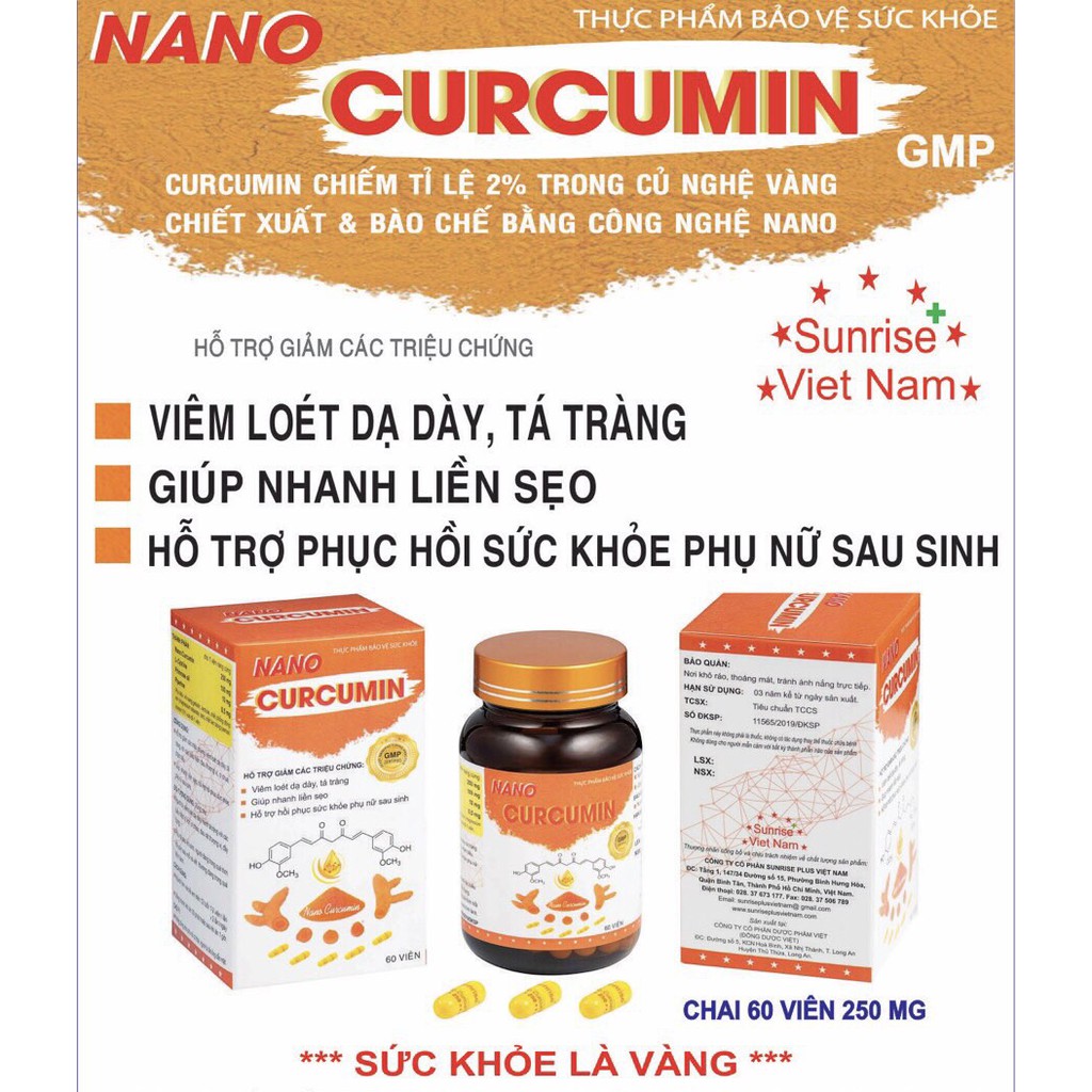 NANO CURCUMIN Chiết Xuất Từ Nghệ - Hỗ Trợ Triệu Chứng Viêm Loét Dạ Dày, Tá Tràng Hộp 60 Viên