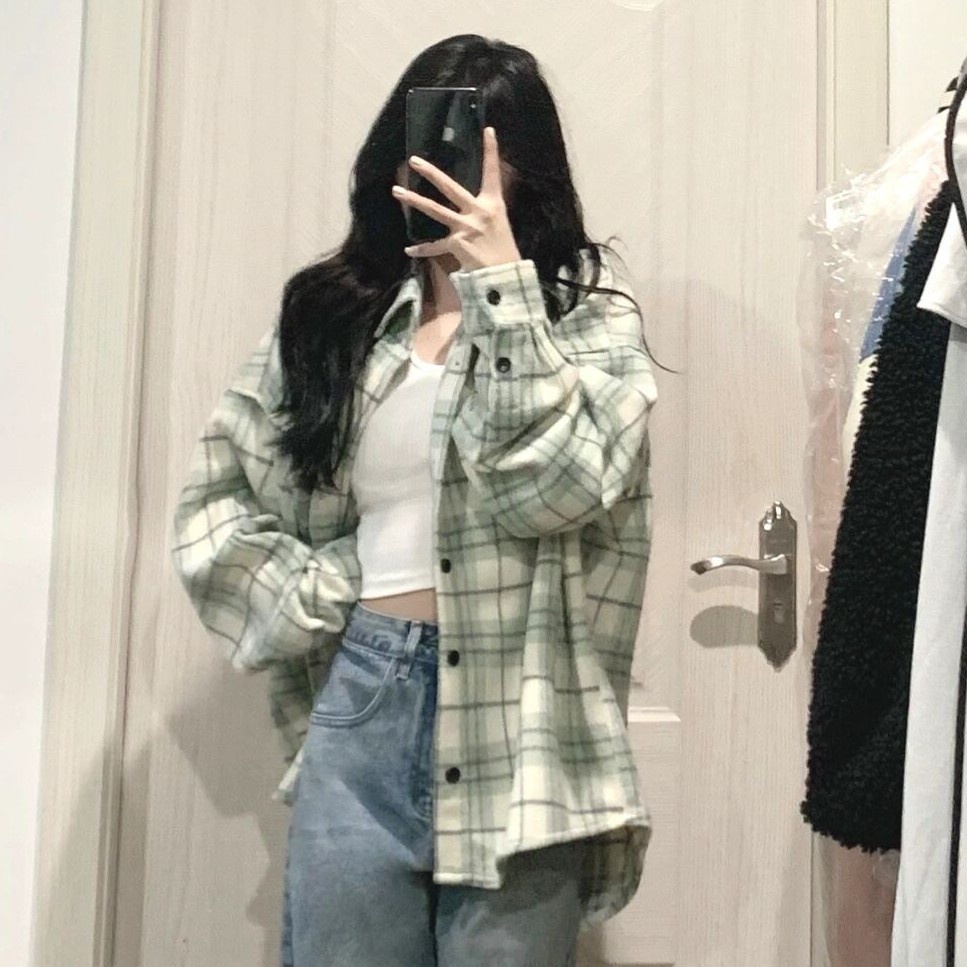 Áo Sơ Mi Caro Dáng Rộng Phong Cách Hàn Quốc Mới Cho Nữ