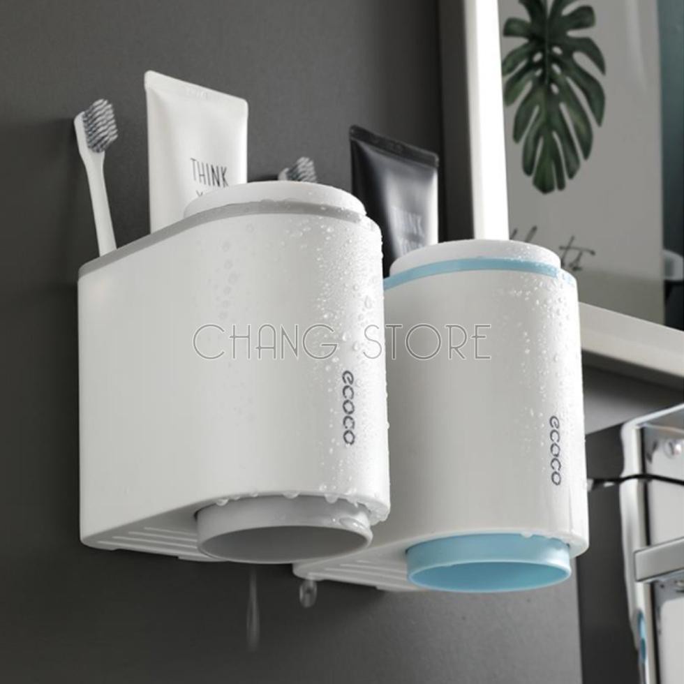 Kệ để Bàn Chải Kem Đánh Răng Mini Ecoco dán cường lực siêu chắc tặng kèm 2 cốc từ tính