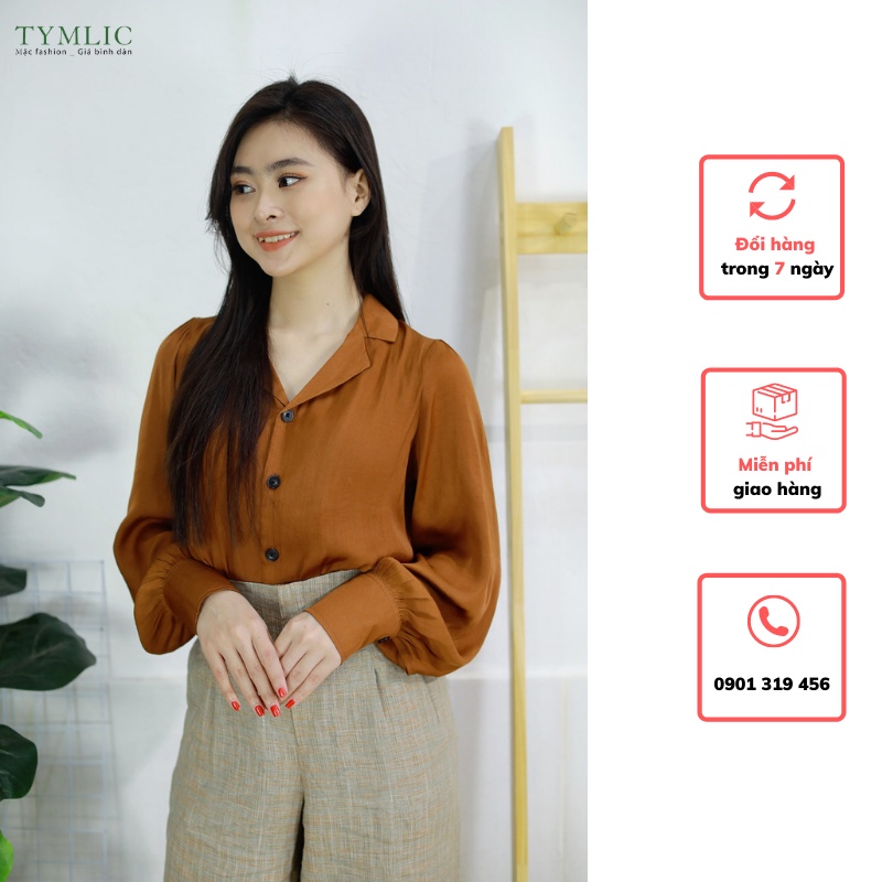 Áo Sơ Mi Lụa Cổ Pijama Màu Nâu TYMLIC