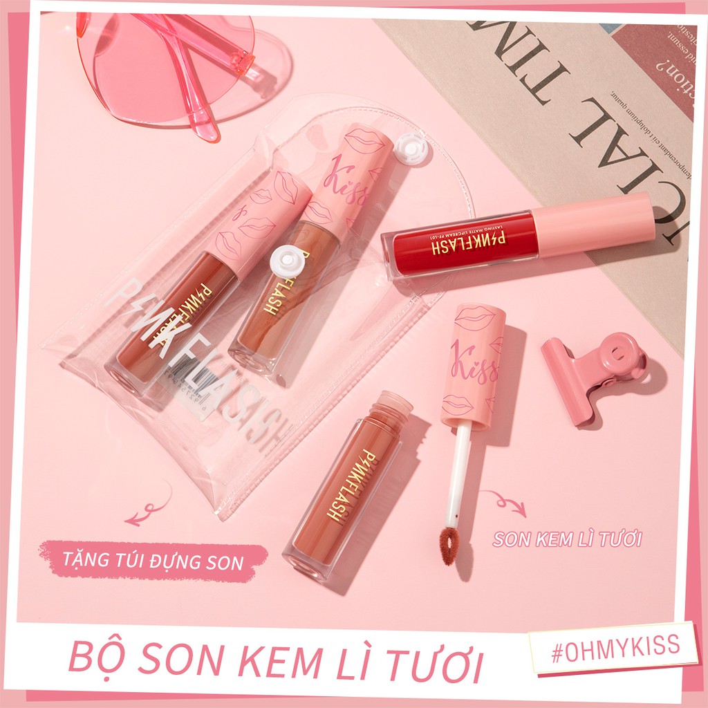 Set 4 thỏi son kem lì PINKFLASH dưỡng ẩm mềm môi lâu trôi