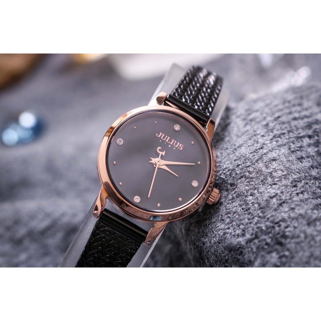 Đồng hồ nữ JS-045C kính sapphire Julius Star Hàn Quốc dây thép (mặt đen)