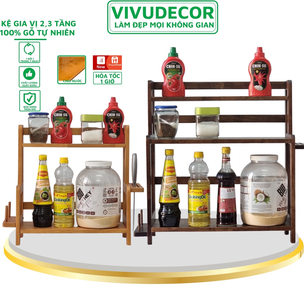 Kệ Gia Vị 100% Gỗ Tự Nhiên Vivudecor, Kệ Nhà Bếp 2,3 Tầng Lắp Ráp Xuất Khẩu Hàn Quốc.