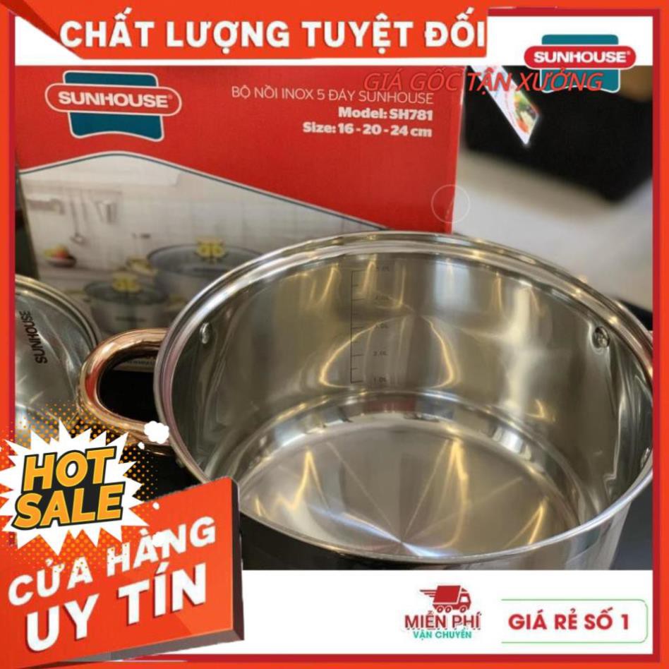 [Size 16,20,24cm] Bộ nồi inox 5 đáy Sunhouse SH781 dùng mọi loại bếp từ bếp gas bếp hồng ngoại