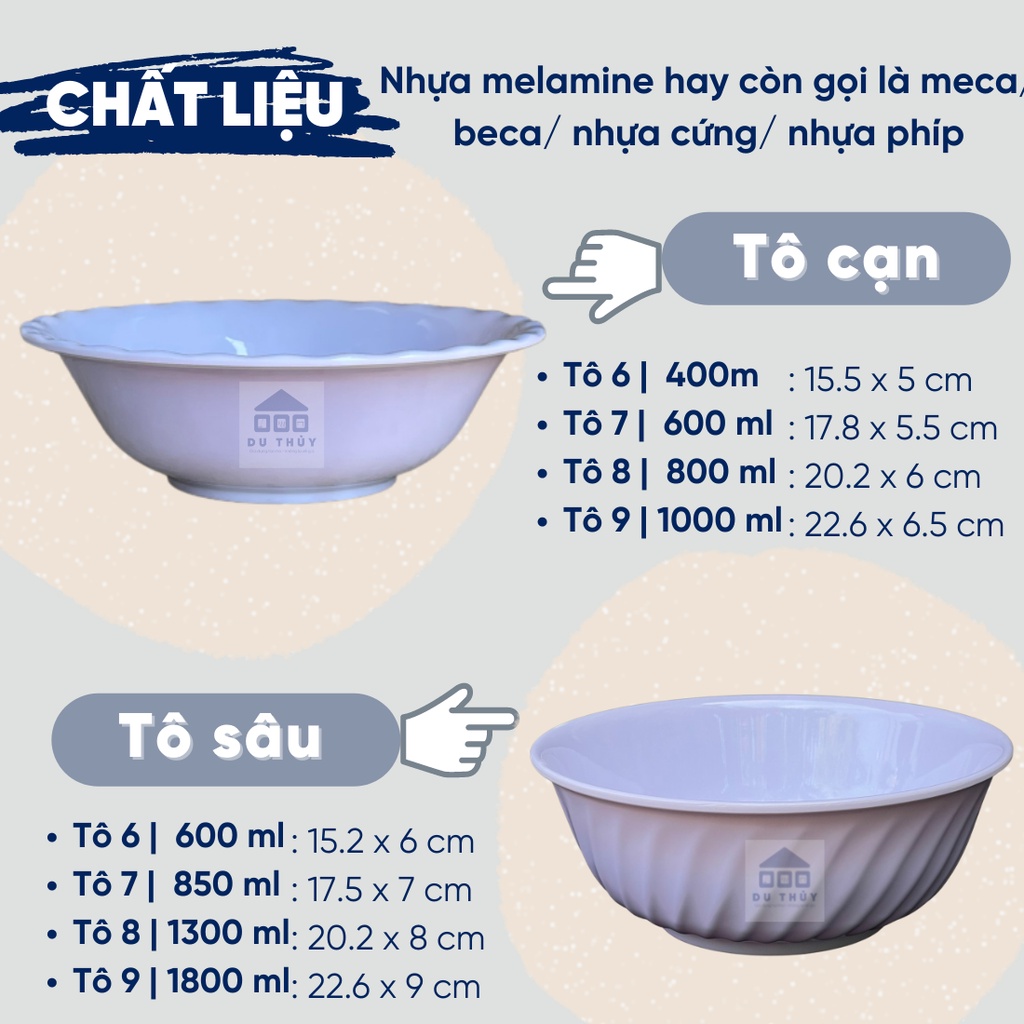 Tô nhựa melamine loại tô nhựa bèo cạn màu trắng, vàng, xanh, hoa văn của gia dụng Du Thủy