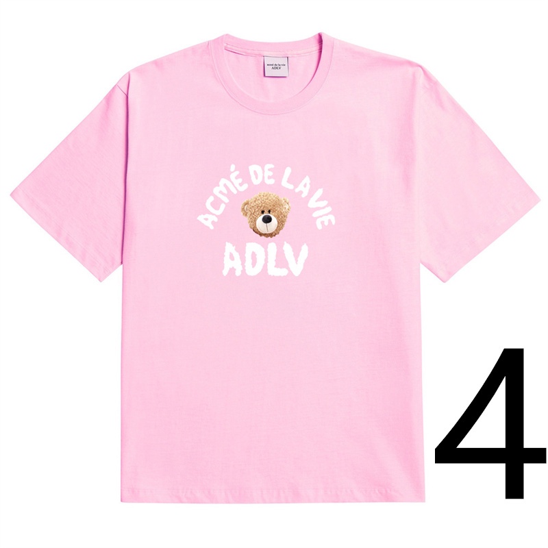 Áo thun cotton tay ngắn dáng rộng 7 màu tùy chọn có size lớn in hình gấu ADLV phong cách cổ điển cho nam và nữ