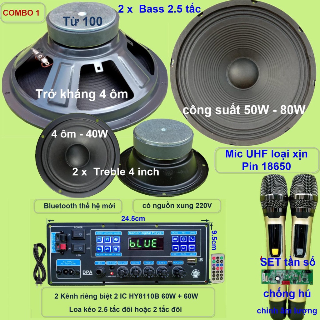 Combo loa kéo 2.5 tấc đôi HY8110B 130W - Karaoke có chống hú – chỉnh Bass Treble Micro – nguồn xung 220V – Guitar điện