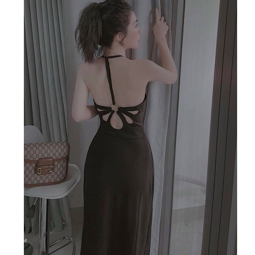 Đầm yếm maxi hở lưng phối khoen dây cực sexy , chất thun gân mềm mịn