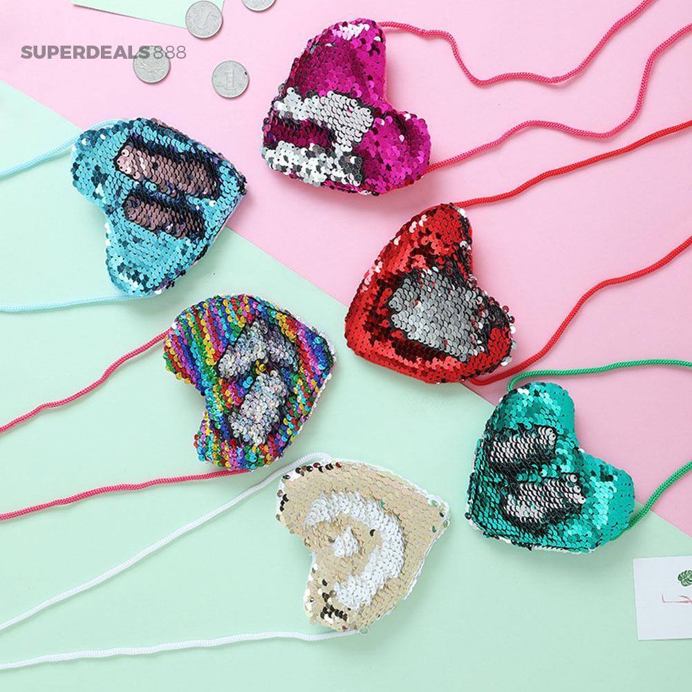 SUPER FASHIONʚ♥Sweet Baby Heart Kids Girls Sequins Glitter Crossbody Bag