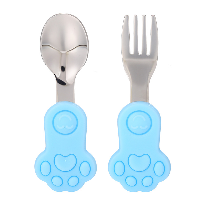 Set 2 Muỗng Nĩa Silicone 304 Tay Cầm Ngắn Bằng Inox 304 Tập Ăn Cho Bé