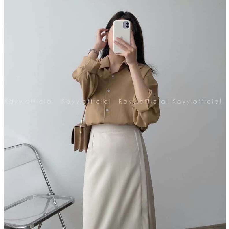 [Có bán rời] Set áo sơ mi dài tay phối chân váy xẻ tà vải đũi