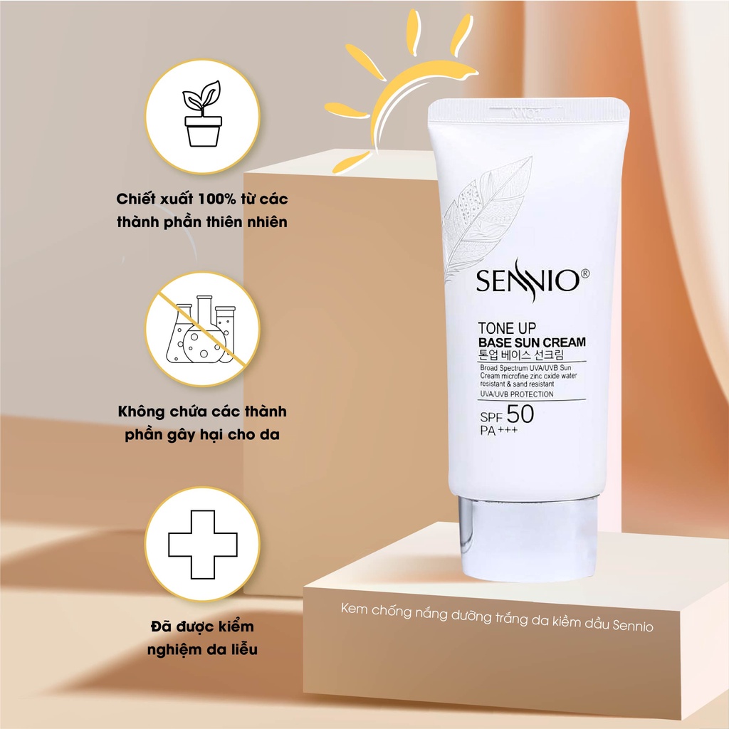 Kem chống nắng nâng tone Sennio Tone Up Base Sun Cream SPF50 PA+++ dưỡng trắng da kiềm dầu 50ml SNO 802