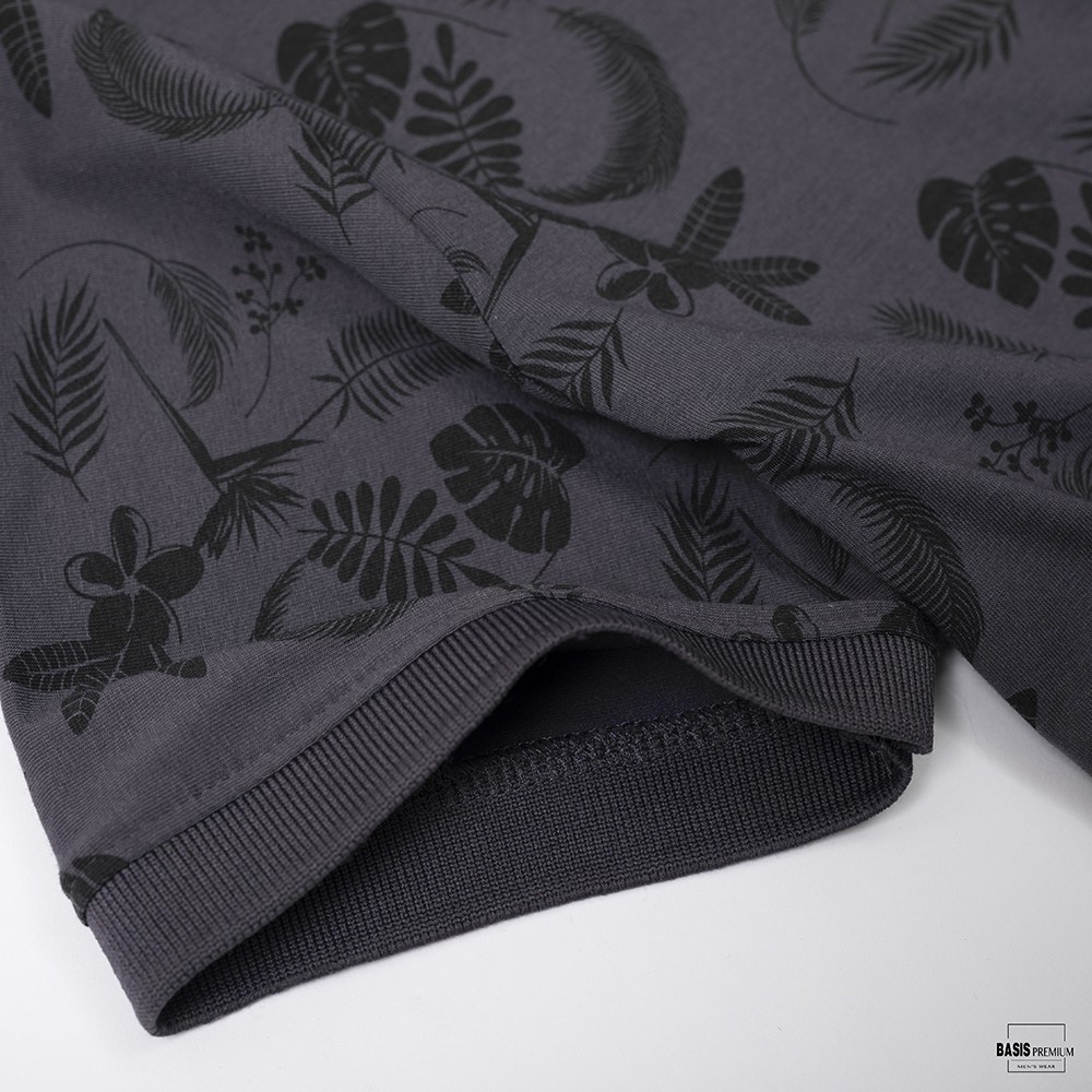 Áo polo nam in chìm họa tiết hoa quả màu đen nền vải xám sắc nét, Basis APL107