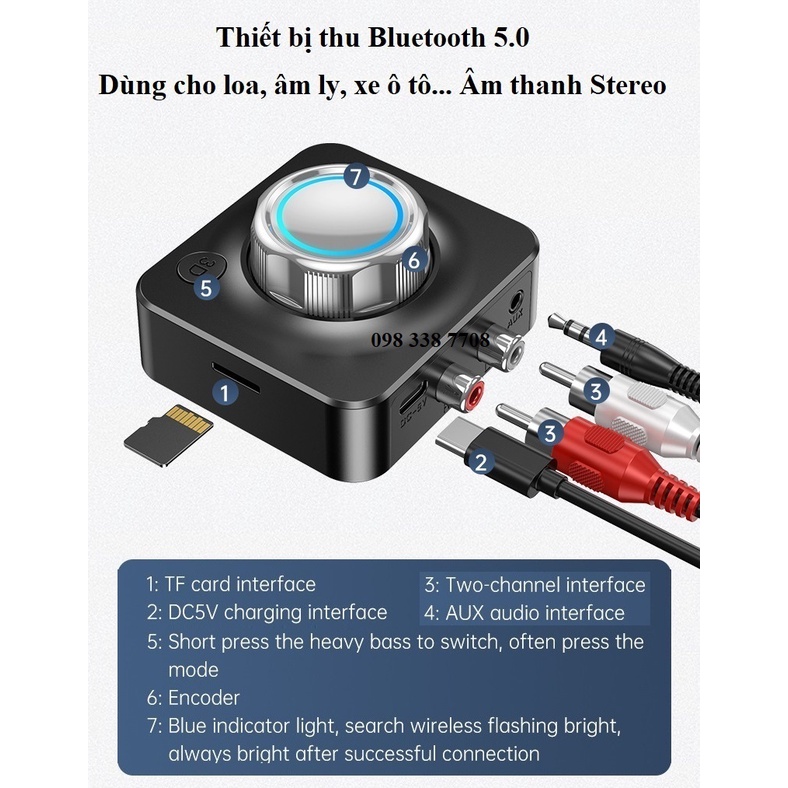 Thiết bị thu âm thanh không dây Hifi Stereo âm thanh 3D Bluetooth 5.0 cho loa, âm ly, xe ô tô 2 ngõ ra jack 3.5mm và AV