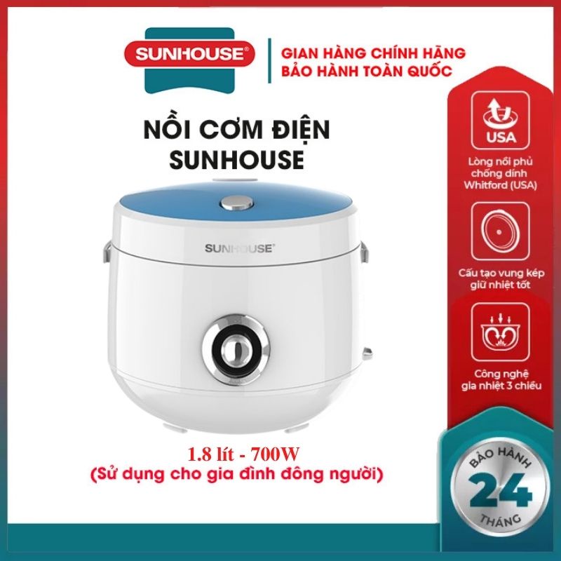 Nồi cơm điện SUNHOUSE SHD8217W-SHD8607W-2022 1.2L 1.8L lòng nồi lớp chống dính siêu bền giữ nhiệt tốt nấu cơm chín nhanh