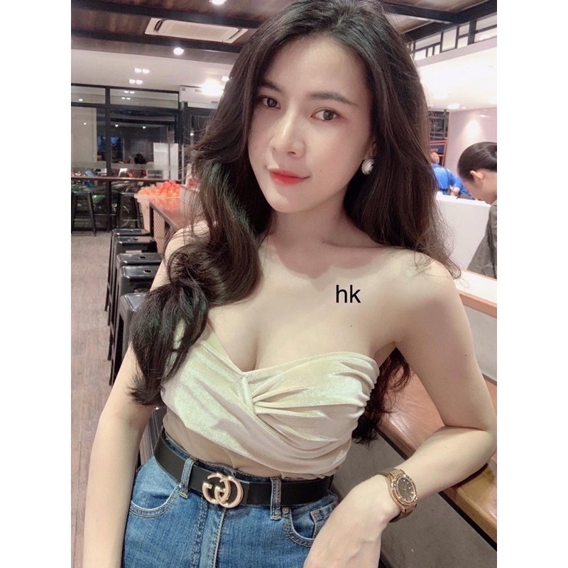 Áo 2 dây nữ kiểu xoắn ngực có mút lót form body croptop | BigBuy360 - bigbuy360.vn