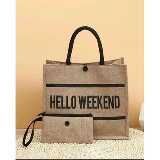 Túi Cói Kèm Ví Hello Weekend-Túi cói đi biển du lịch phong cách Hàn Quốc