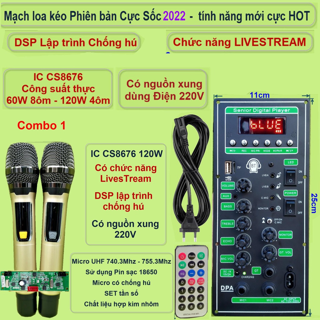 Mạch loa kéo 3 tấc đơn 3 đường tiếng LIVESTREAM DSP chống hú IC CS8676 120W nguồn xung 220V  và micro đôi