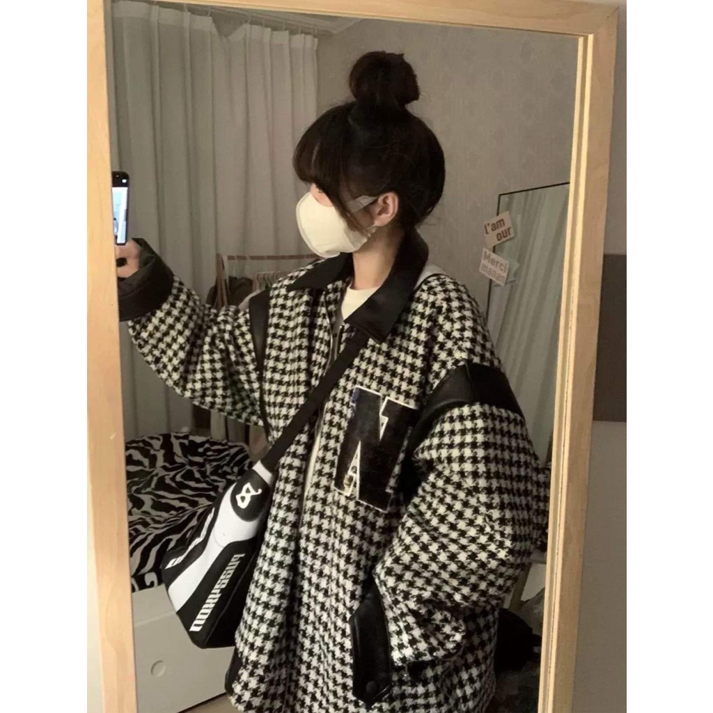 Áo khoác dạ tweed bomber 3D chữ N kẻ caro from rộng dài tay cổ bẻ phối da Ulzzang Unisex nam n | BigBuy360 - bigbuy360.vn
