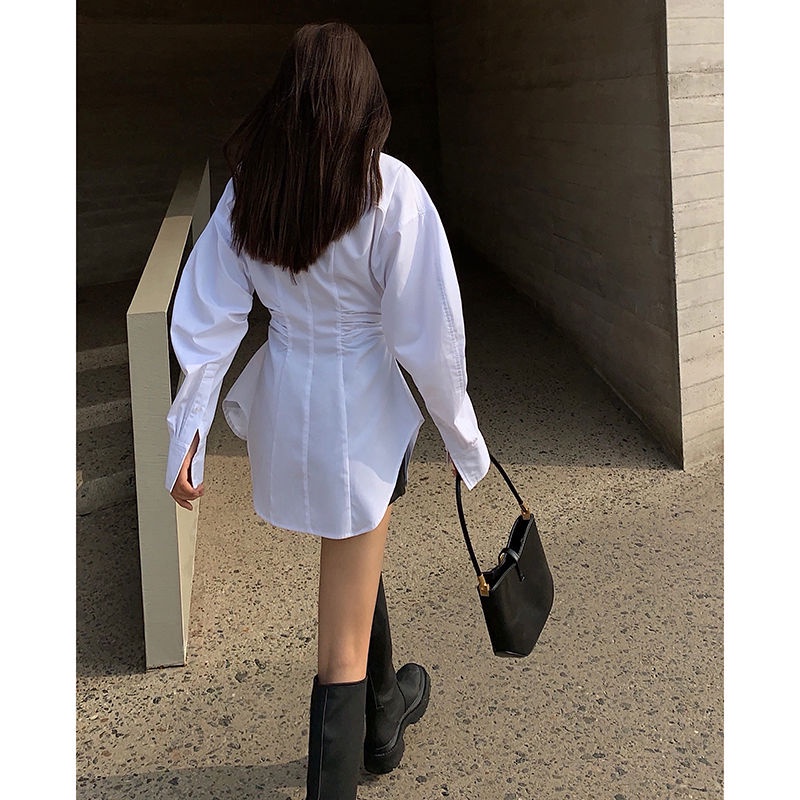 Áo Sơ Mi Trắng Thiết Kế Nhấn Eo Thời Trang Xuân Thu Cho Nữ