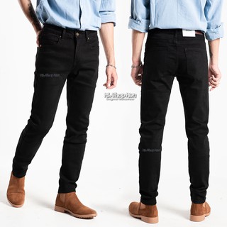 Quần jean nam đen rách gối cao cấp | quần bò nam đen trơn ống côn co giãn