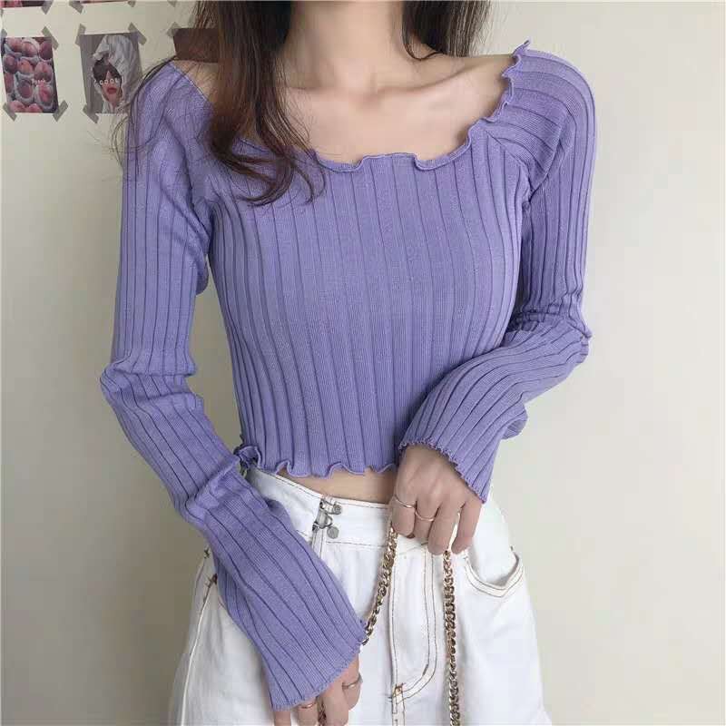 Đen Áo Sweater Tay Dài Trễ Vai Phong Cách Hàn Quốc