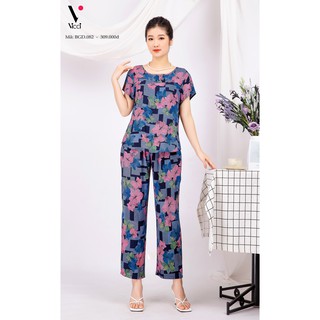 Bộ đồ mặc nhà trung niên lanh nhung Vicci áo cộc, quần dài BGDM.082 nhiều họa tiết