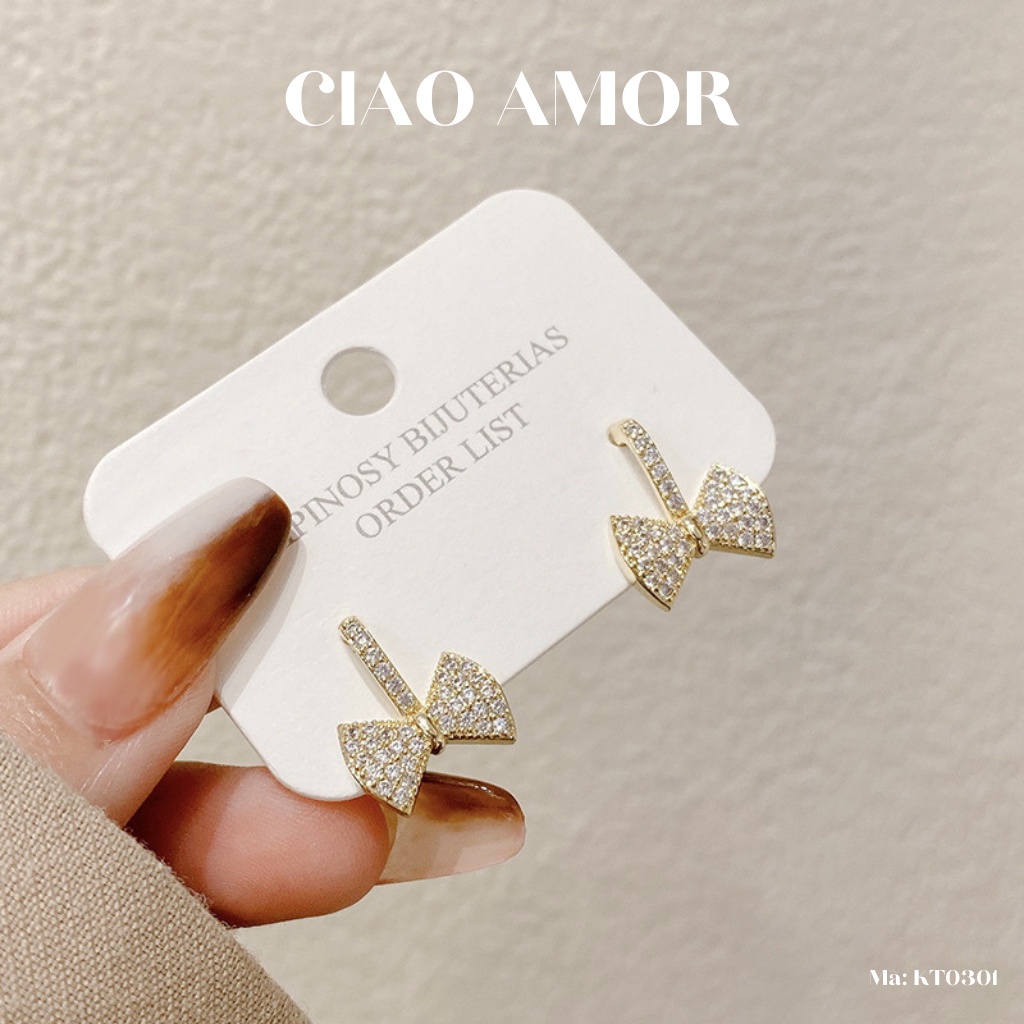 Khuyên tai nữ, Bông tai nữ bạc 925 thanh nơ đính đá dễ thương Trang sức Ciao Amor - KT0301