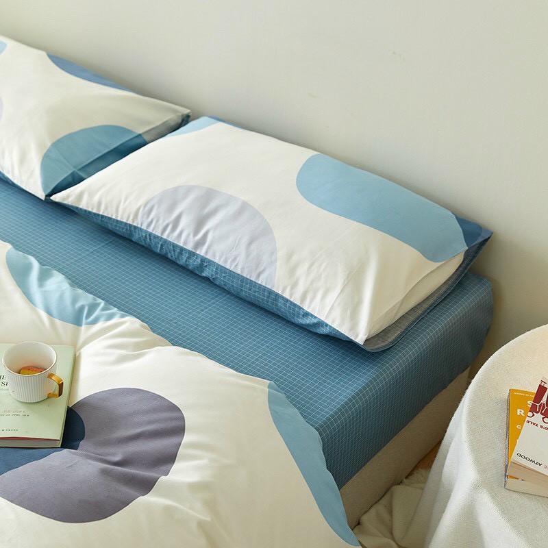 Bộ chăn ga cotton living 100% cotton- mẫu tròn xanh dương