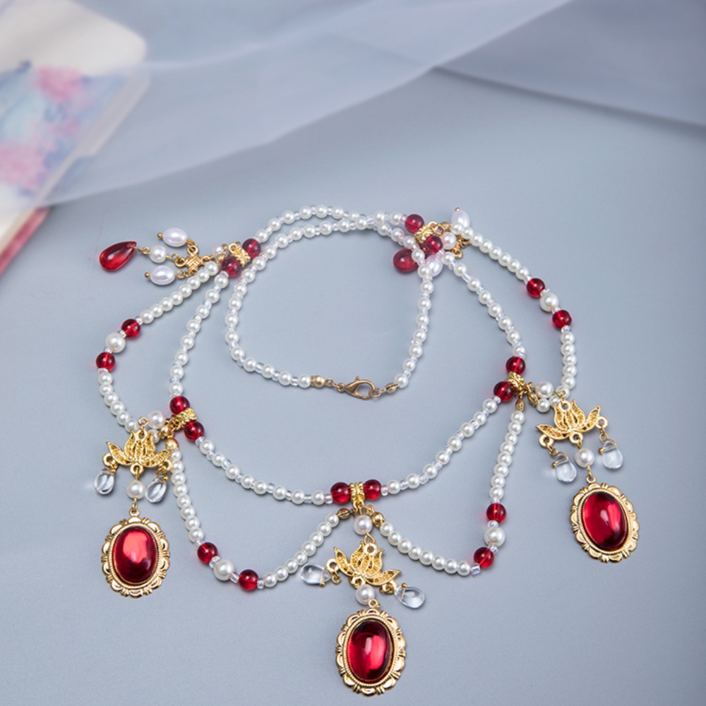 Vòng Cổ Hán Phục Hai Lớp Đính Ngọc Trai Mềm Mại Sang Trọng Thời Trang Cho Nữ