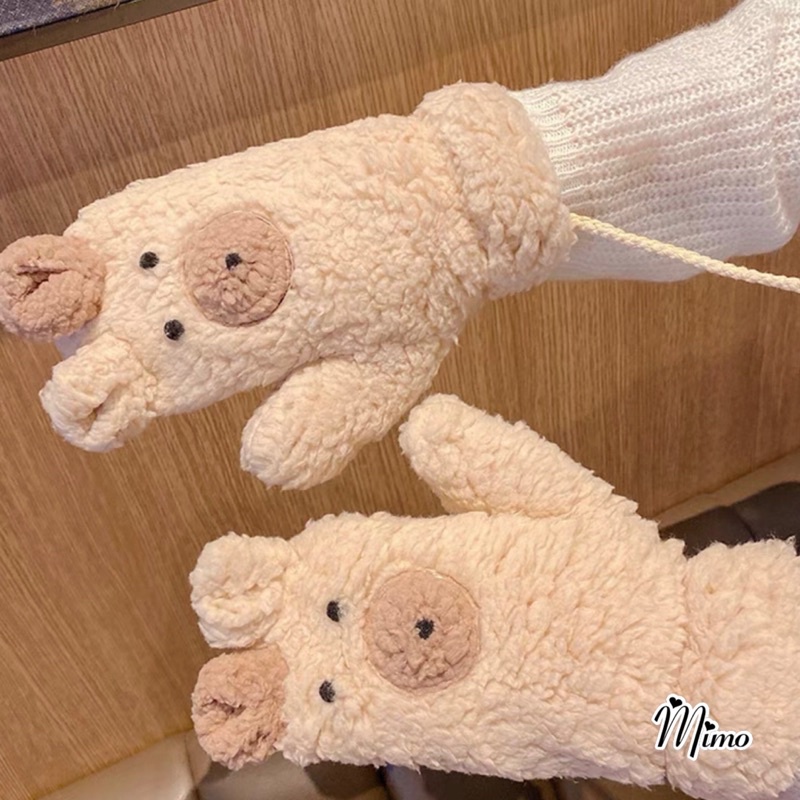 Găng tay giữ ấm cute hình gấu len xù, bao tay bông đệm to ấm áp cho mùa đông
