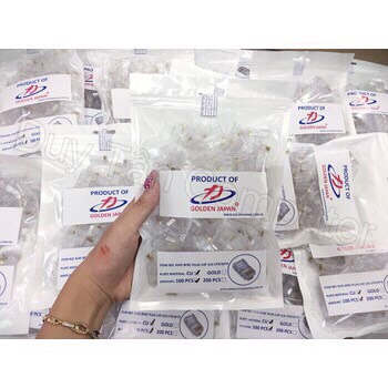 Túi Hạt Mạng 100 Đầu RJ45 Nhựa Cat 5 Golden Japan - Hạt Bâm Dây Mạng Chân Đồng