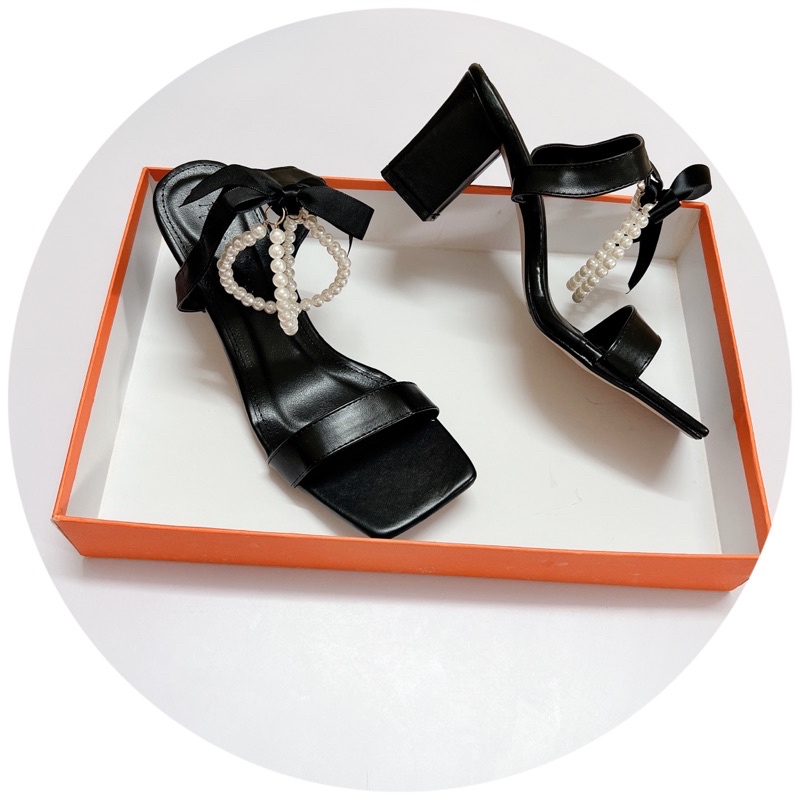 [Ảnh chụp thật] GIÀY SANDAL CAO GÓT QUAI NGANG 2 Vòng Ngọc GÓT VUÔNG 7p SANG CHẢNH