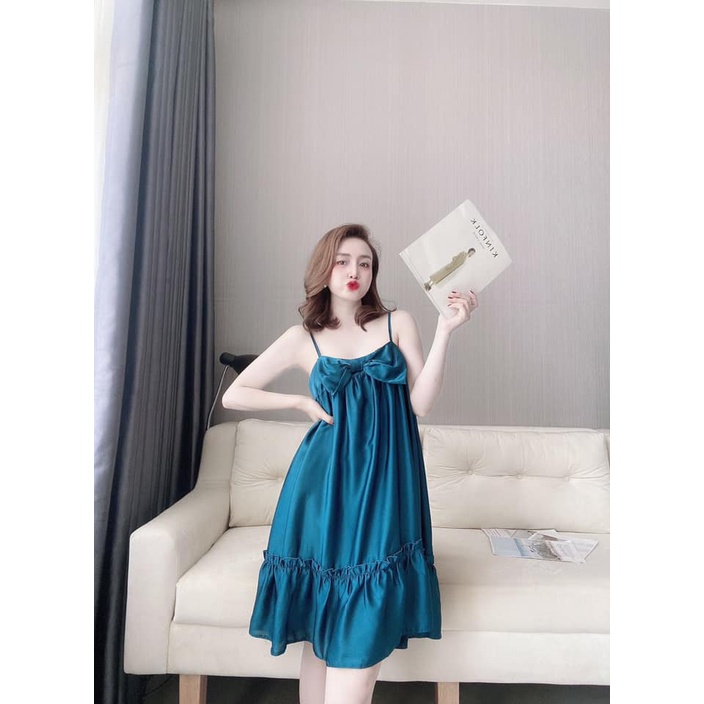 Váy Ngủ Bigsize - Đầm Ngủ 2 Dây Gợi Cảm Nơ Trước Ngực Chất Lụa Latin Cực Mát, Mịn Mặc Nhà Thoải Mái [DN36]
