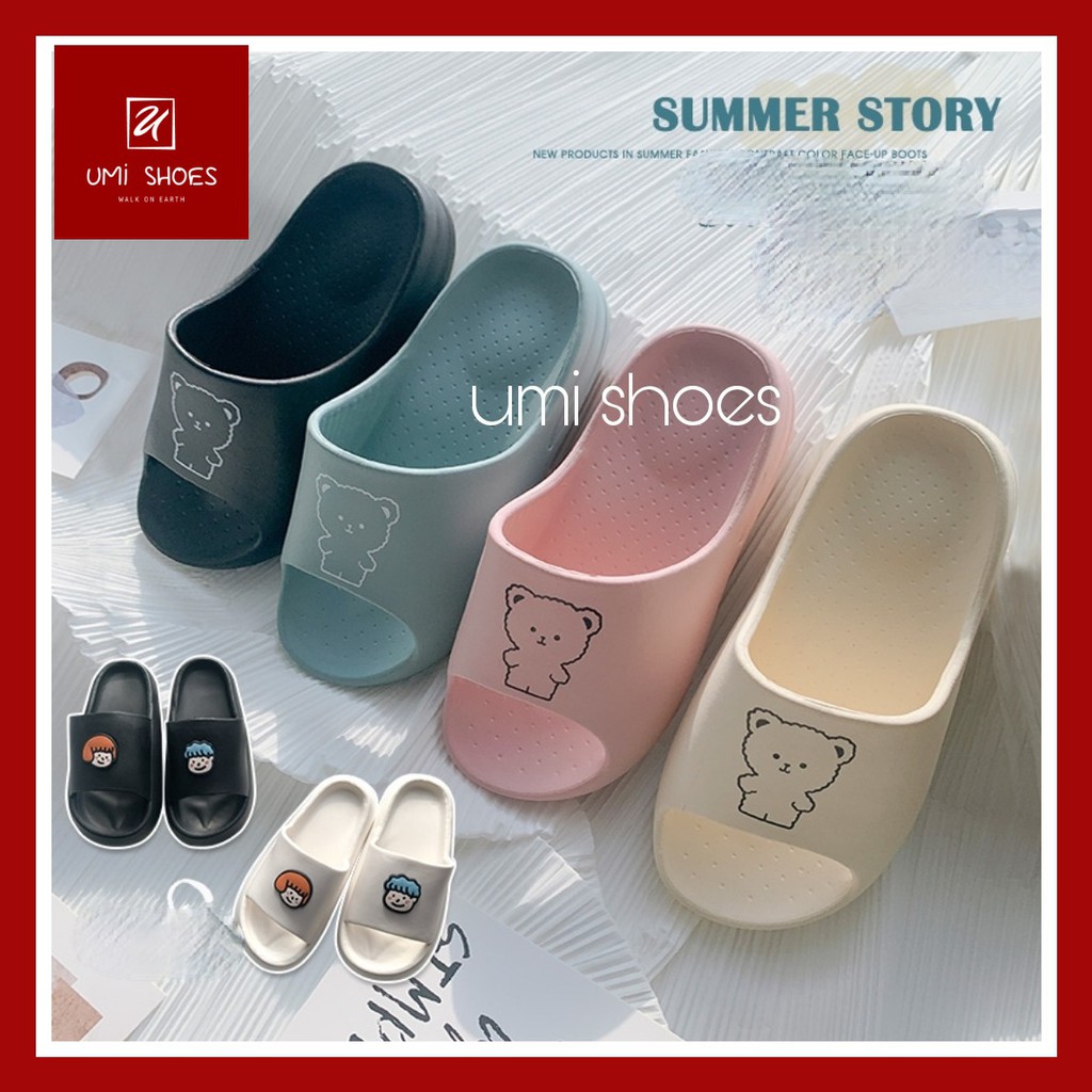 [LOẠI 1-ĐẾ DÀY] Dép bánh mì ulzzang quai ngang đế bằng cao 4cm hình gấu cute đơn giản màu đen/kem/hồng mới xinh đẹp hot